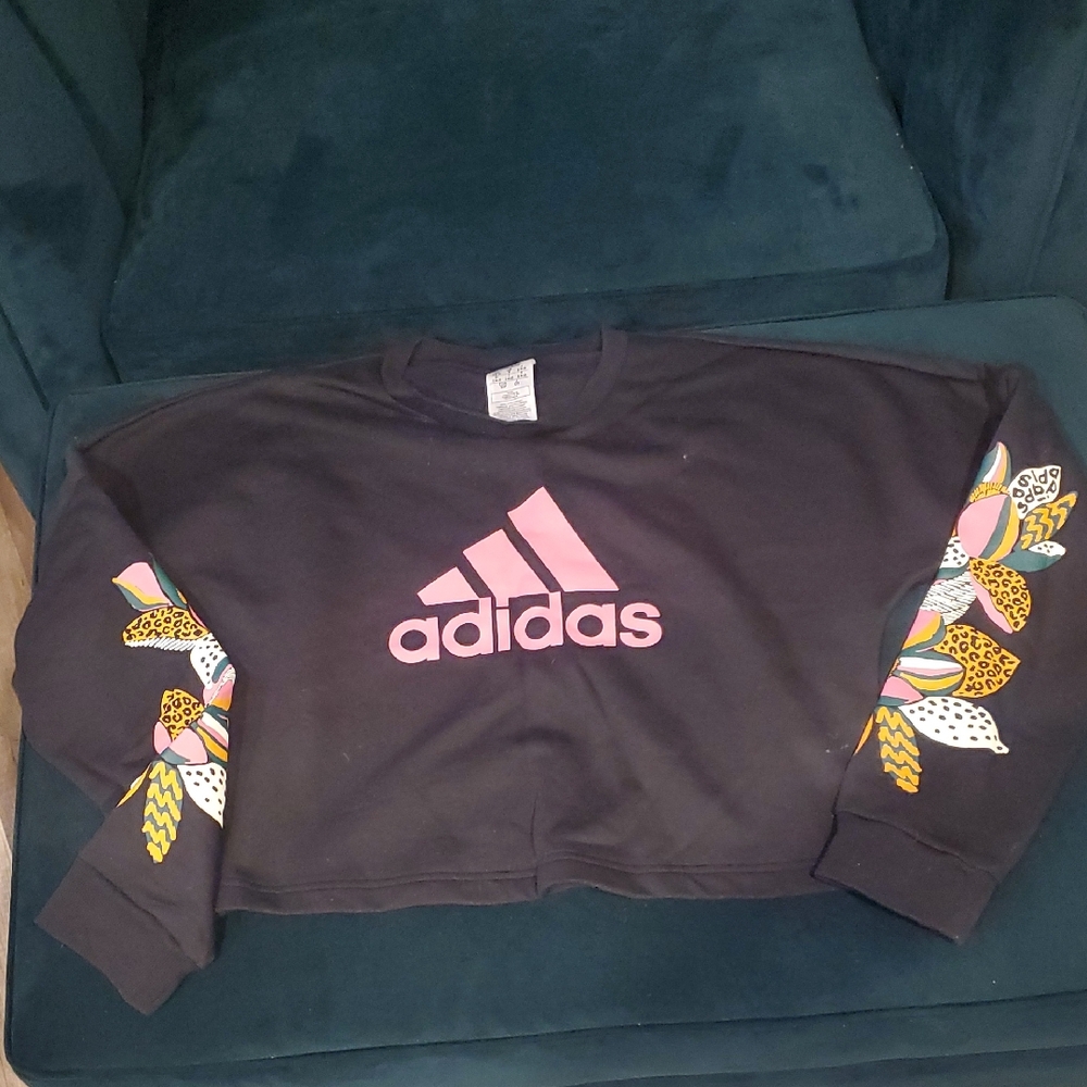 adidas Black Crewneck Sweatshirt with Pink Logo and Multicolor Sleeve Accents